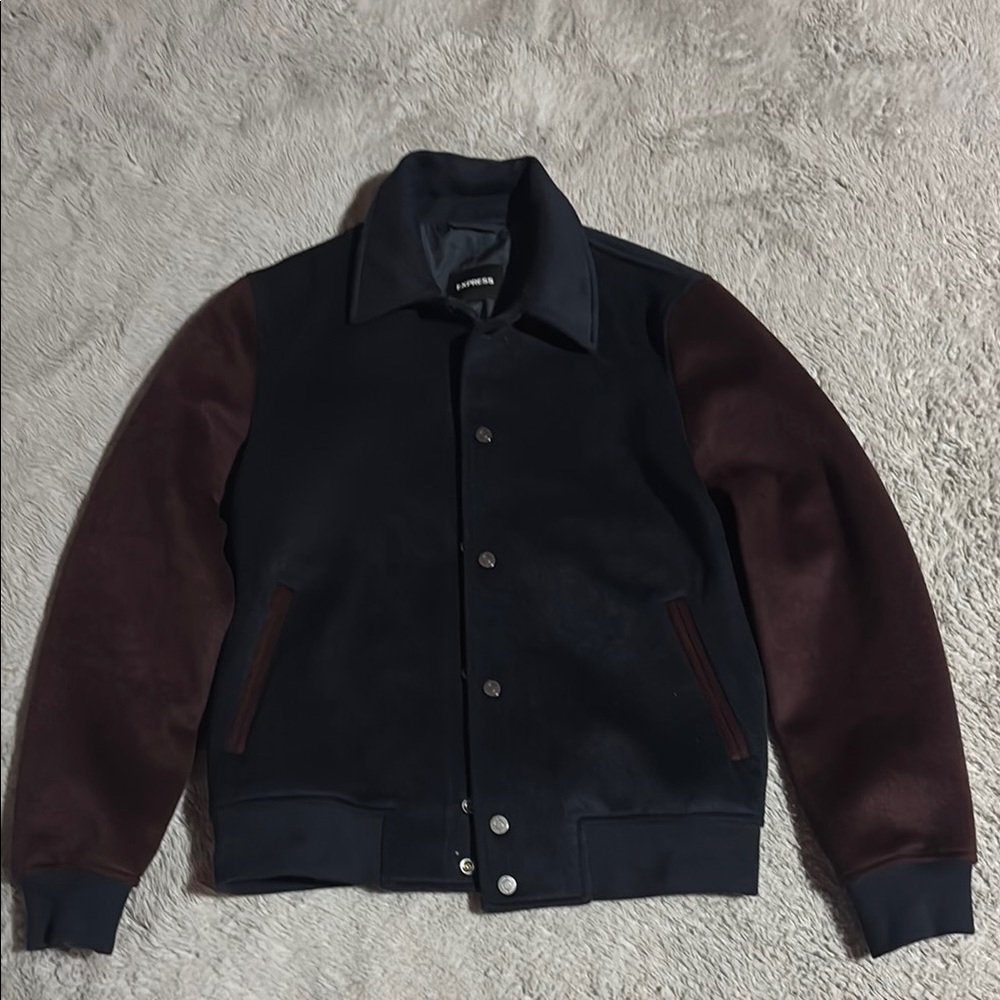 Express Black and Brown Varsity Bomber Jacket